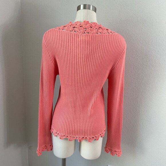 NEW Soft Surroundings Womens Large Coral Crochet Trim Cardigan Sweater Ribbed - Picture 6 of 12